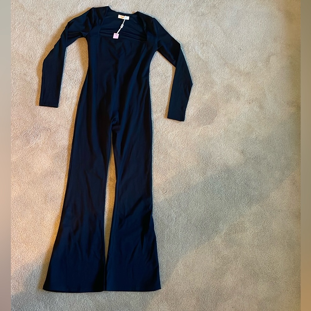 Qinsen squareneck wide leg full length black bodysuit.  Brand new.  Never used